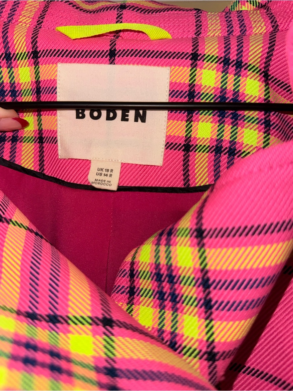 Boden Cheltenham Neon Pink Yellow Plaid Check Trench Coat Double Breasted - Picture 3 of 4